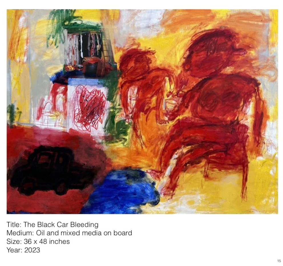 Quddus Mirza ' The Black Car Bleeding' 2023. Oil on board. 36x48 inches