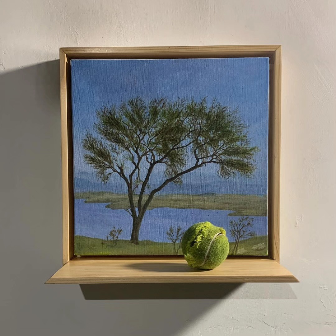 Littered Landscape (Keekar) | Oil on canvas, wooden frame and a junk piece | 13.5 x 13.5 x 7 inches — image 1