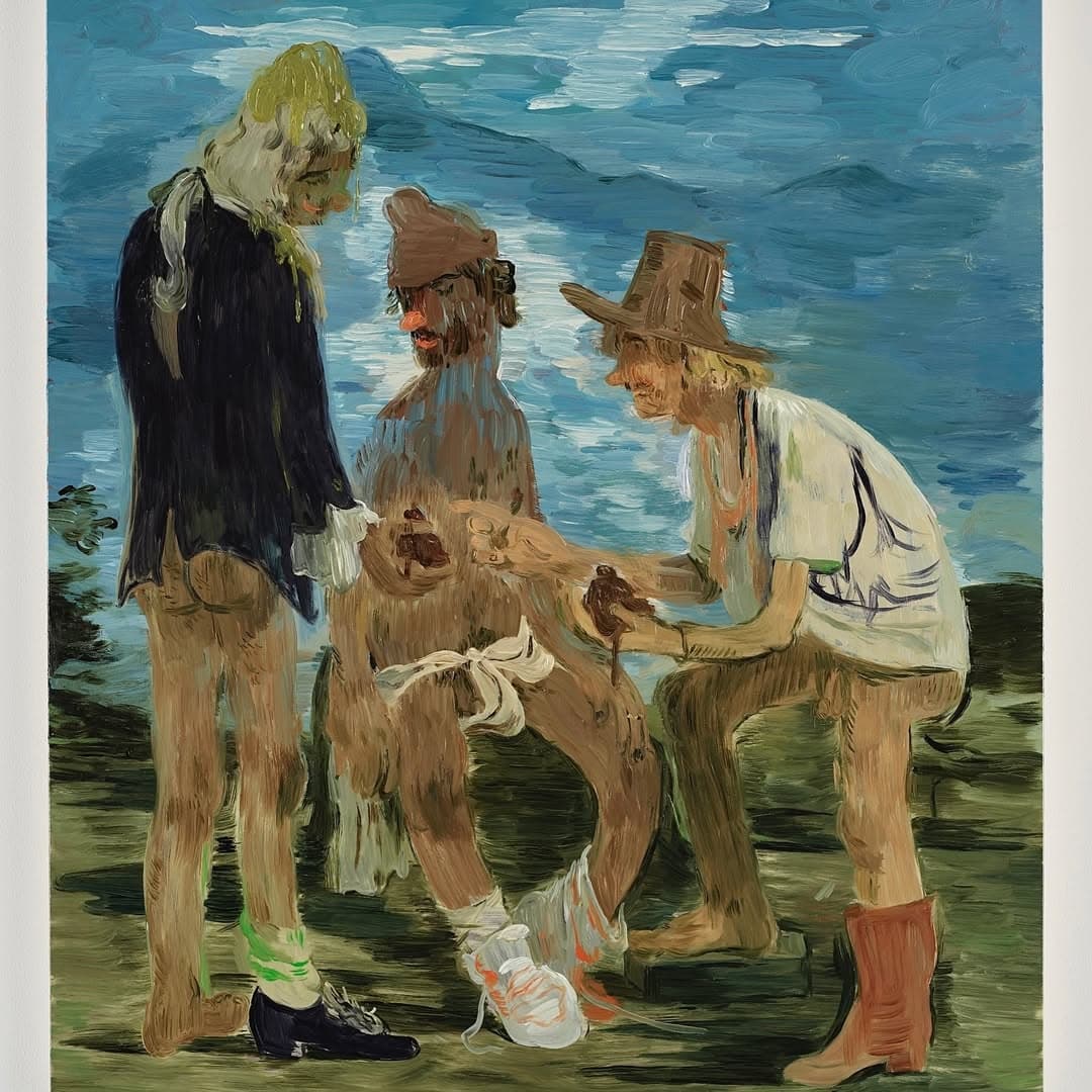 The Islanders, 2025, Oil on panel, 31 x 27 inches at Luhring Augustine Chelsea through July 25. Photo by Farzad Owrang — image 1