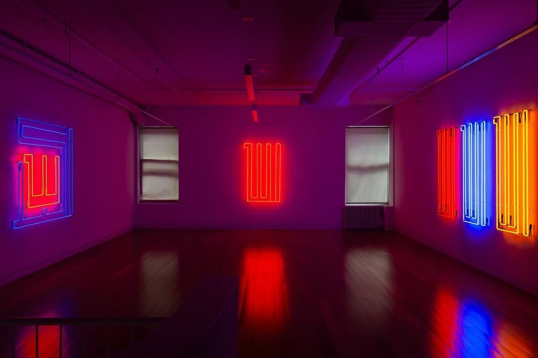 The paintings in Rasheed Araeen’s ‘In Lights’ act as two-dimensional images of the neon structures. — image 1