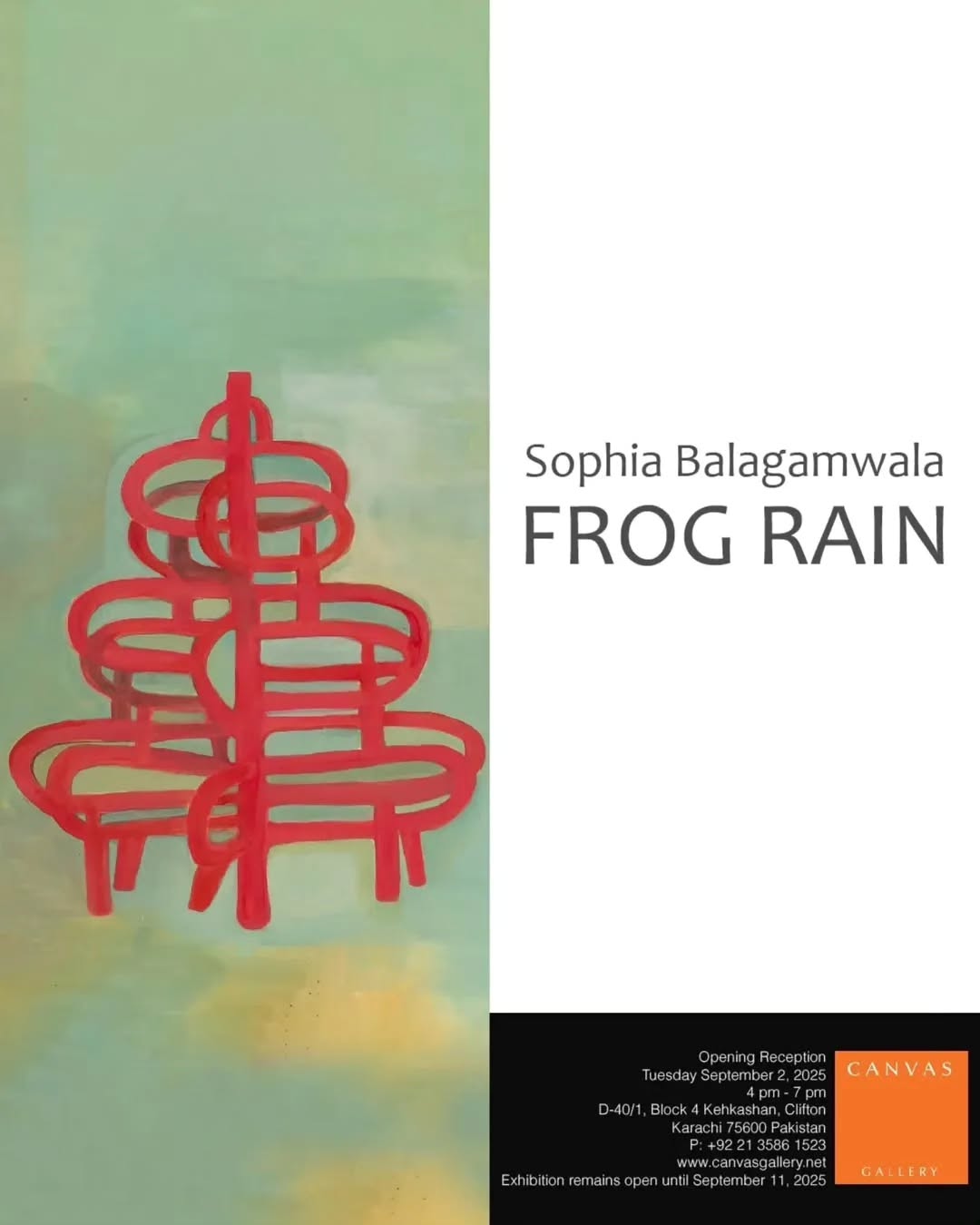 Frog Rain, a solo show of Sophia Balagamwala, opens on Tuesday September 2nd 2025, from 4 pm - 7 pm @ Canvas Gallery. — image 1
