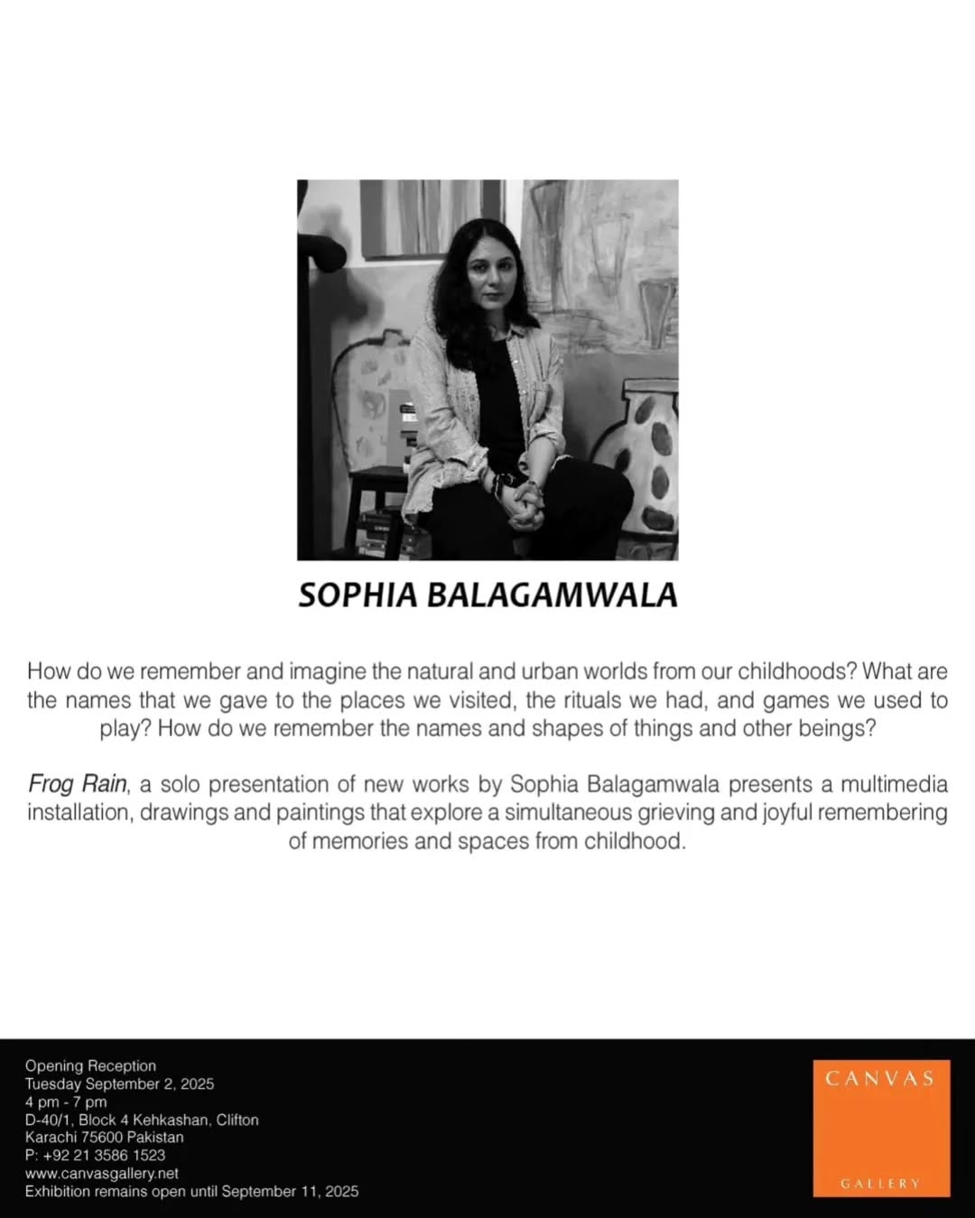 Frog Rain, a solo show of Sophia Balagamwala, opens on Tuesday September 2nd 2025, from 4 pm - 7 pm @ Canvas Gallery. — image 2