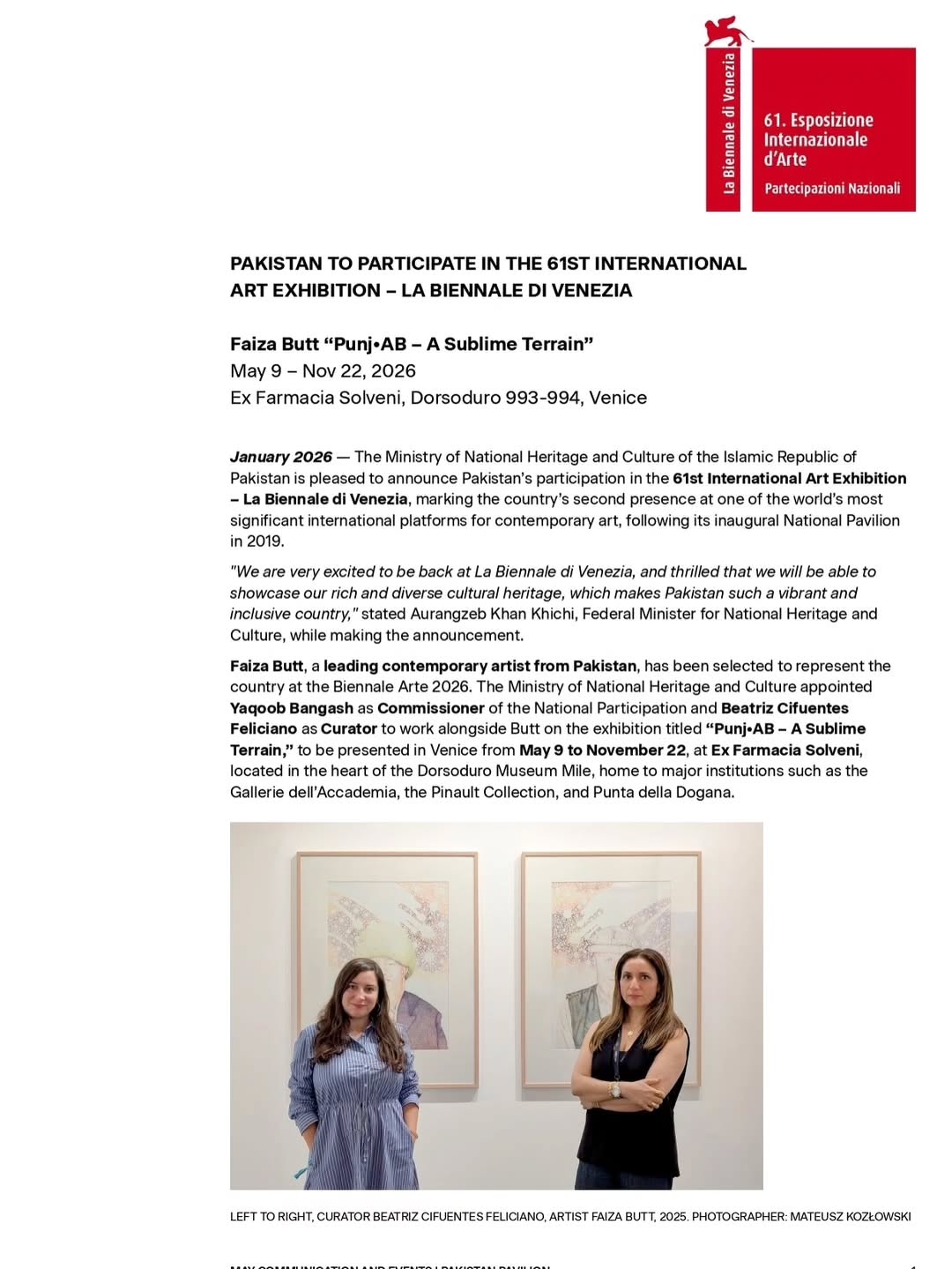 PAKISTAN TO PARTICIPATE IN THE 61ST INTERNATIONAL ART EXHIBITION – LA BIENNALE DI VENEZIA — image 1