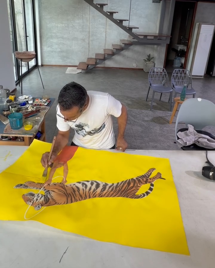 The tiger appears several times in Ali Kazim’s current exhibition at Cristea Roberts, most notably in circus scenes.